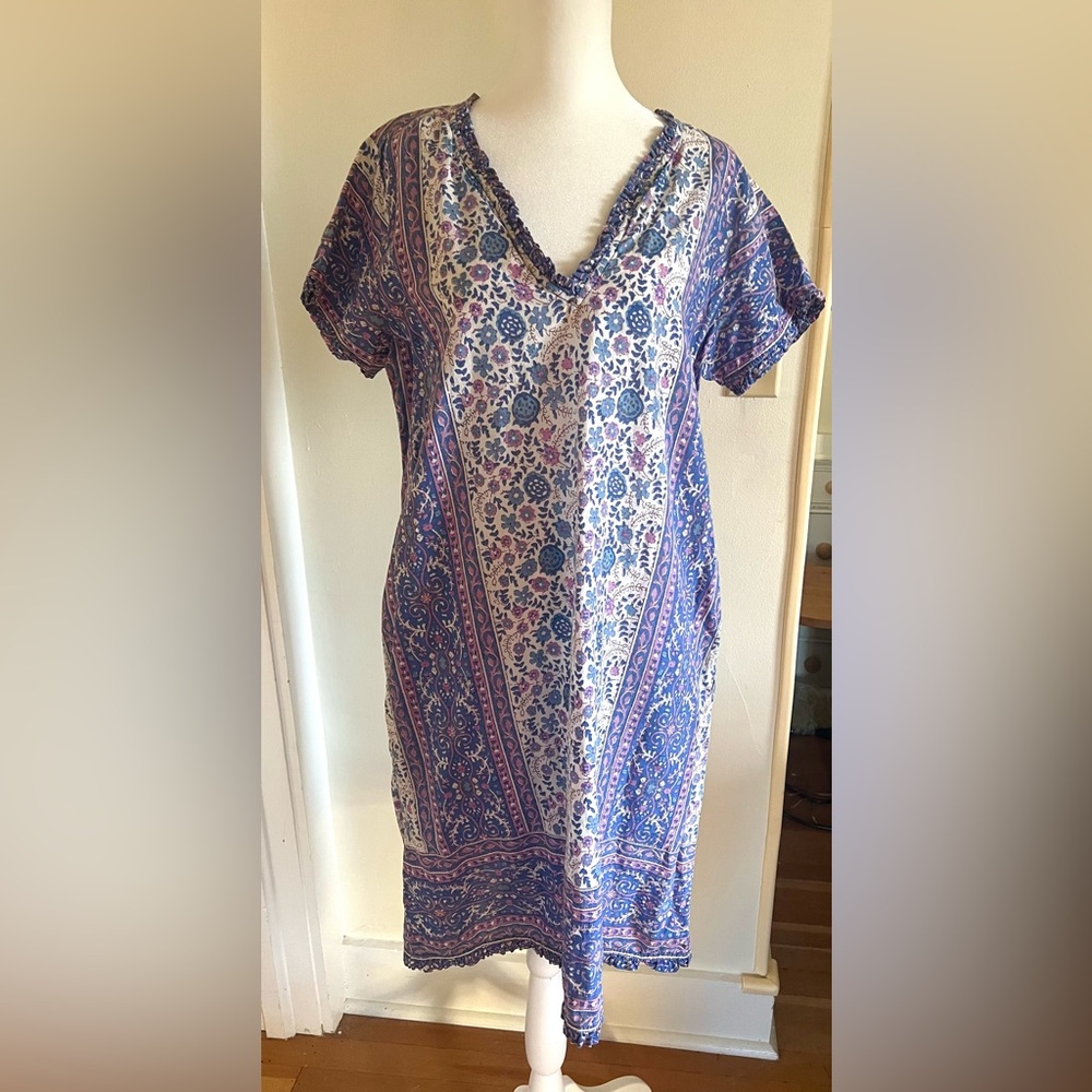 Lola Australia 100% Cotton Block Print Blue Purple White Women's Dress Large